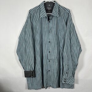 Visconti Uomo Button Up Shirt Mens 3XL Blue Gray Plaid Flipcuff 2 Ply Mercerized